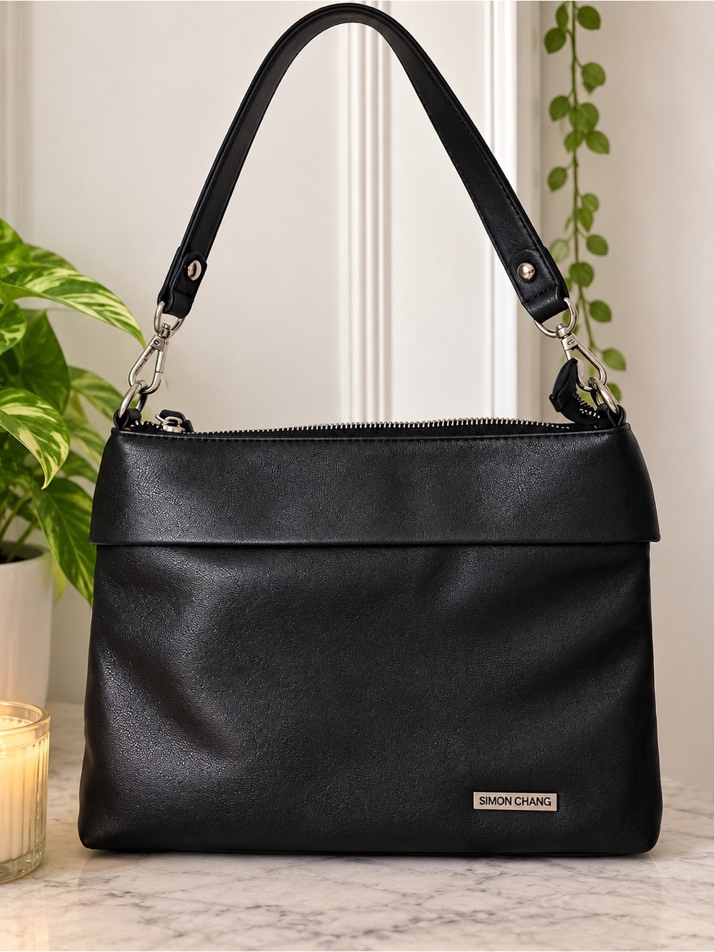 Simon Chang Black Faux-Leather Top-Handle Shoulder Bag